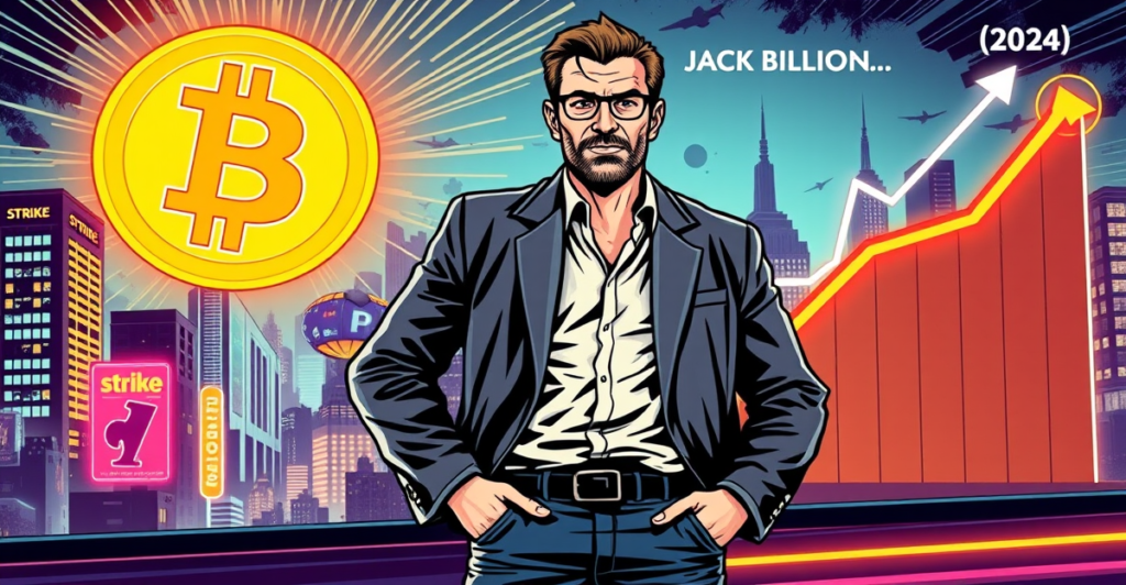 比特币支付平台Strike CEO Jack Mallers站在发光的比特币标志前，背景是未来城市景观和上涨的交易量图表