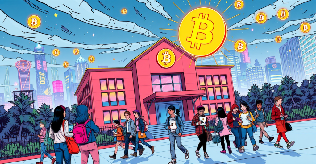 苏格兰洛蒙德学校接受比特币支付学费的复古漫画风格封面