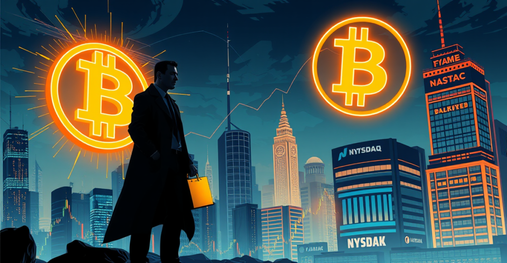 比特币价格创历史新高，交易员站在发光的比特币符号前，背景是上升的市场趋势图