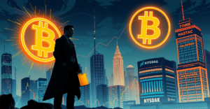 比特币价格创历史新高，交易员站在发光的比特币符号前，背景是上升的市场趋势图