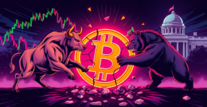 复古漫画风格展示比特币价格在10万美元关键支撑位的紧张局势