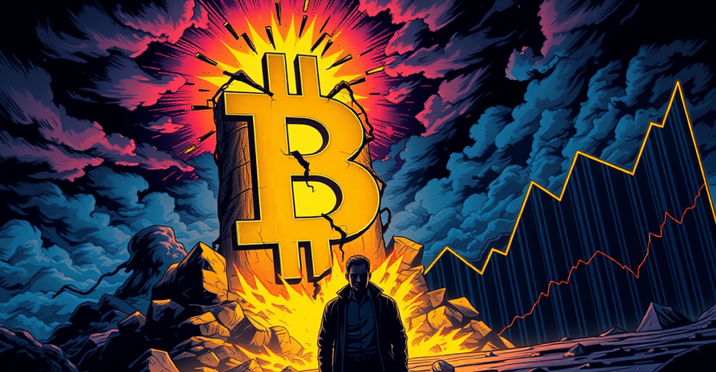 比特币价格下跌的复古漫画风格插图，展示交易员面对市场波动的紧张情绪