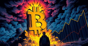 比特币价格下跌的复古漫画风格插图，展示交易员面对市场波动的紧张情绪