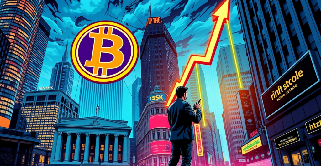 复古漫画风格封面展示比特币符号和交易员分析上涨趋势图