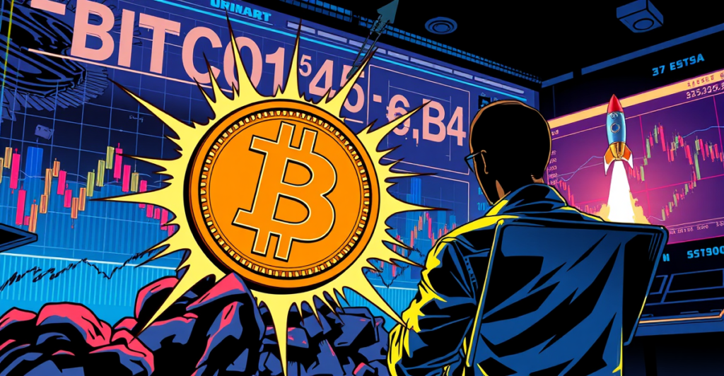 复古漫画风格封面展示比特币符号与金融市场图表，象征价格波动前的紧张氛围