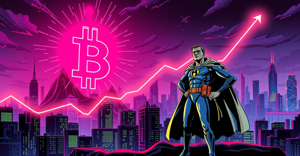 比特币价格飙升的复古漫画风格插图，展示比特币符号突破价格图表，背景是未来城市景观。