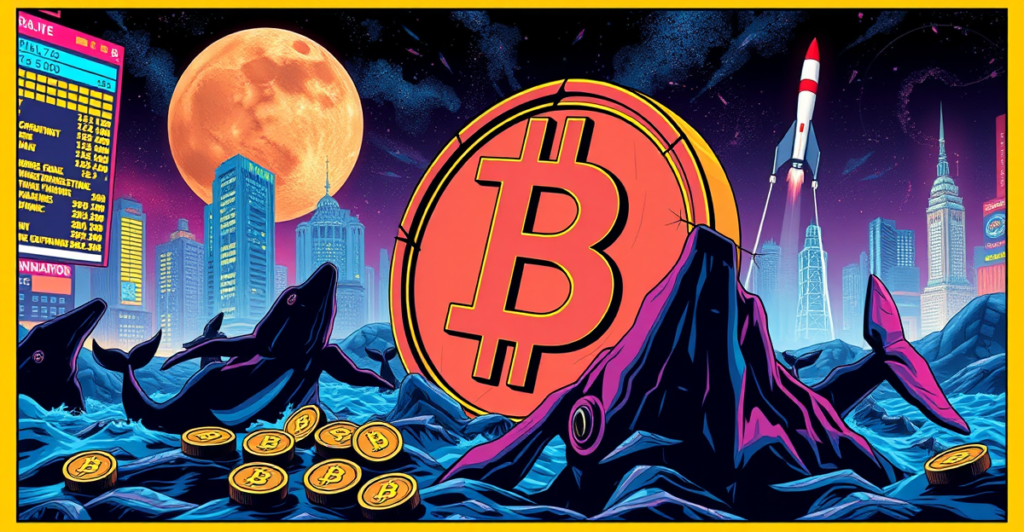 复古漫画风格插画展示比特币价格突破10万美元，背景为未来城市和黄金与股市图表