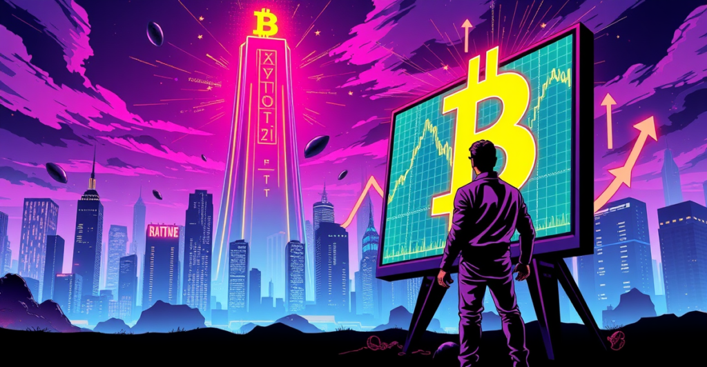 比特币价格飙升的复古漫画风格封面，展示交易员和霓虹比特币标志