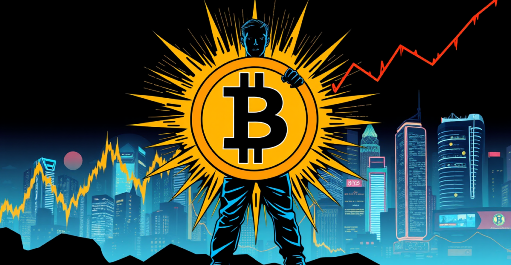复古漫画风格封面展示比特币符号与波动价格图，背景是自信投资者剪影