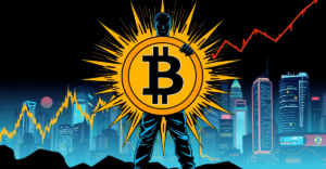 复古漫画风格封面展示比特币符号与波动价格图，背景是自信投资者剪影