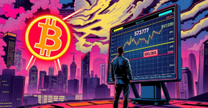 比特币价格分析：2024年市场走势预测与投资策略的复古漫画风格封面，展示比特币符号和上涨趋势图