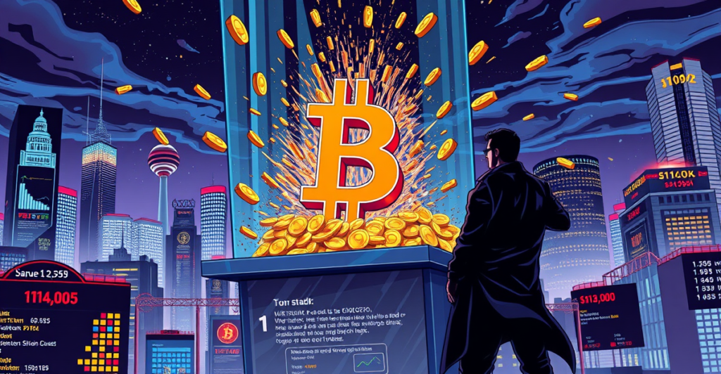 比特币符号突破关键阻力位，背景是上涨的市场趋势图和霓虹城市景观