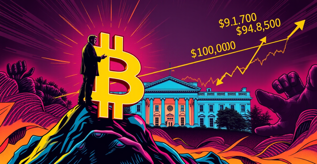 比特币价格在特朗普百日演讲前的盘整态势，复古漫画风格展示比特币符号与白宫背景