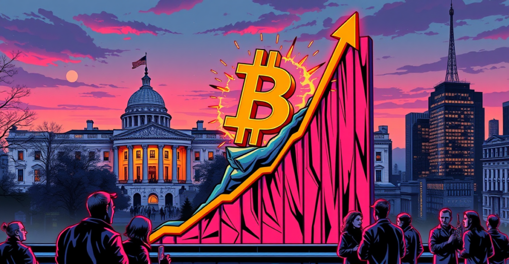 比特币符号突破上升趋势图，背景为白宫和华尔街天际线，象征比特币价格新高
