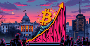 比特币符号突破上升趋势图，背景为白宫和华尔街天际线，象征比特币价格新高