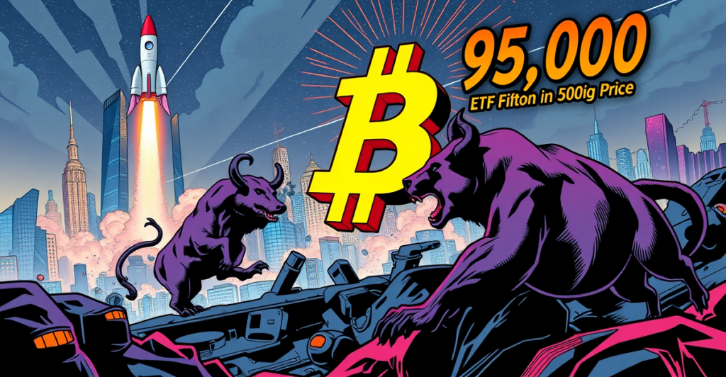 复古漫画风格插图展示比特币突破95,000美元阻力位，象征市场趋势的激烈竞争