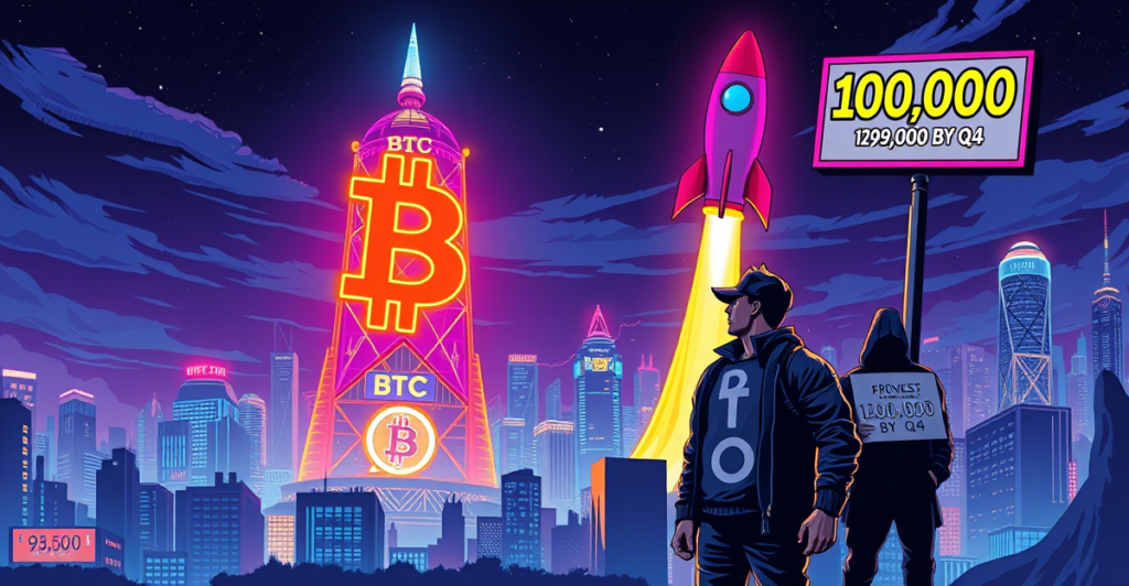 复古漫画风格封面展示比特币价格预测，交易员站在发光的比特币标志前，背景是未来城市和上升的火箭。