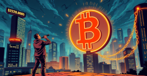 复古漫画风格封面展示比特币符号上的火箭发射，象征价格飙升至200,000美元