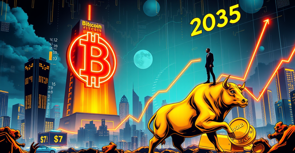 2035年比特币价格预测：霓虹灯下的比特币符号与金色公牛，象征市场看涨趋势