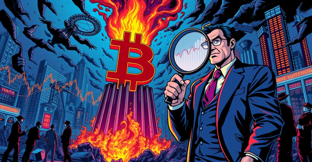 复古漫画风格封面展示比特币符号在火焰中，象征价格反弹，交易员站在前景分析市场趋势