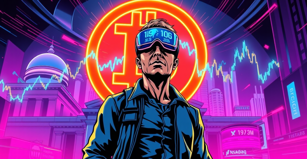 一名交易员站在巨大的比特币符号前，背景是波动的市场趋势图，象征比特币价格波动