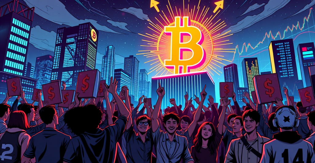 复古漫画风格封面展示比特币符号在霓虹灯下闪耀，背景是数字城市和上升的图表，象征比特币盈利供应量激增和市场狂热。