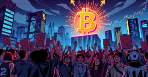 复古漫画风格封面展示比特币符号在霓虹灯下闪耀，背景是数字城市和上升的图表，象征比特币盈利供应量激增和市场狂热。