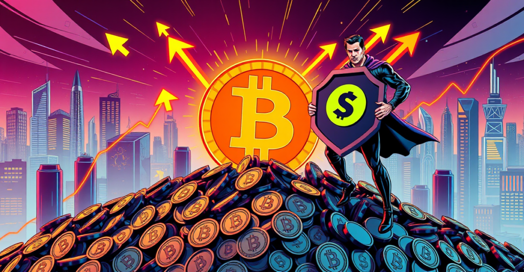 Michael Saylor站在比特币硬币山上，背景是数字经济的未来城市景观，象征激进的比特币购买策略。