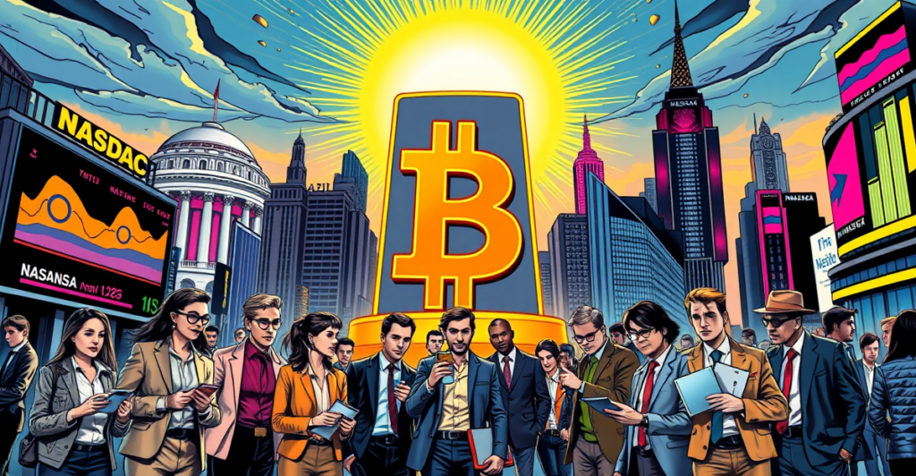 复古漫画风格封面展示比特币符号周围环绕着全球投资者和金融分析师，背景是未来城市景观