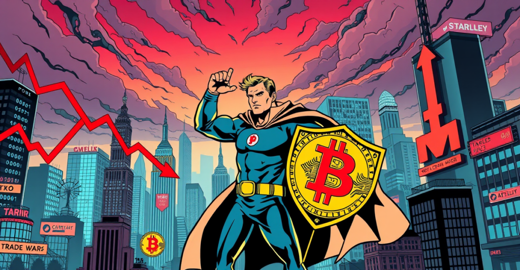 在风暴经济背景下，比特币符号以霓虹光芒矗立，象征其在不确定性中的韧性