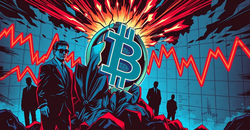 复古漫画风格插图展示比特币符号在压力下裂开，背景是担忧的银行家和投资者，象征比特币风险对金融稳定的威胁。