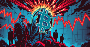 复古漫画风格插图展示比特币符号在压力下裂开，背景是担忧的银行家和投资者，象征比特币风险对金融稳定的威胁。