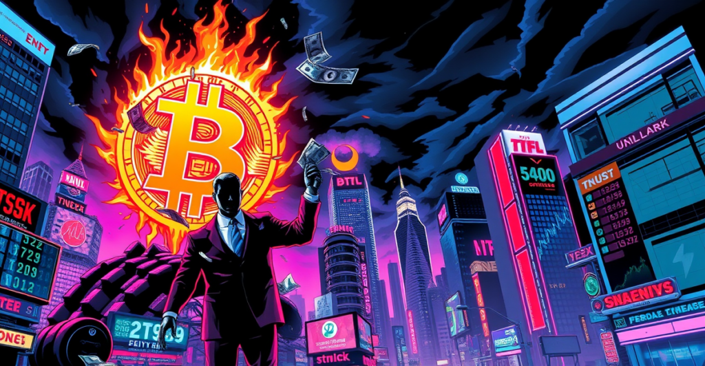 复古漫画风格插画展示比特币投机资本激增，交易员伸手触摸燃烧的比特币符号，背景是霓虹城市和股市行情