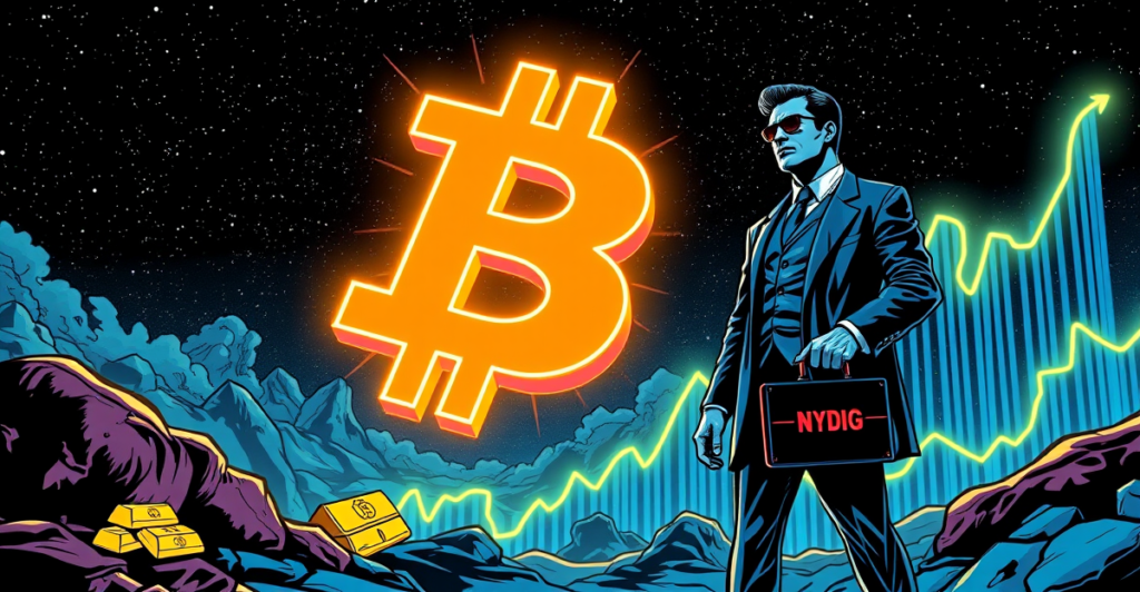 复古漫画风格插画展示比特币作为非主权价值储存工具的崛起，背景是上涨的市场趋势图