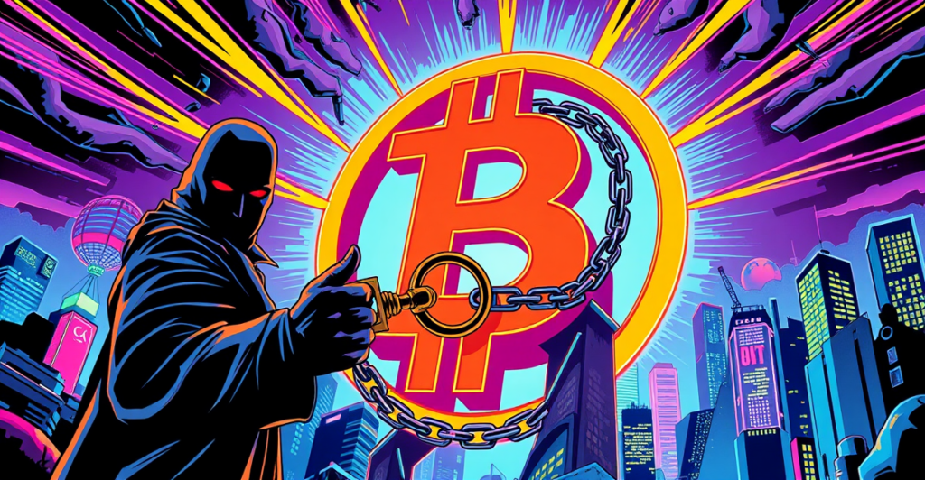 Michael Saylor站在巨大的比特币符号前，象征性地解锁供应紧张的链条，背景是未来城市景观。