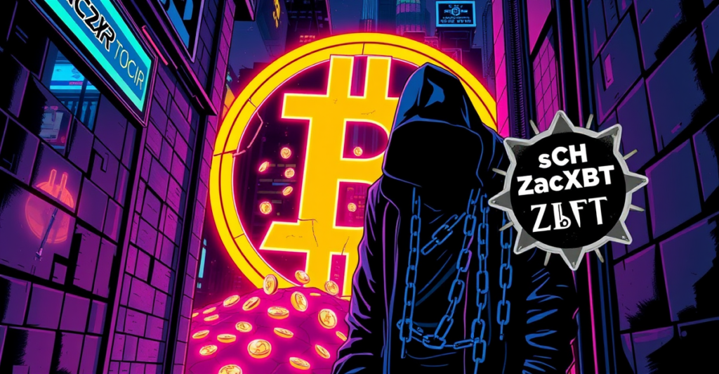 复古漫画风格插图展示了一名黑客在暗巷中，周围是代表比特币的发光数字链条，背景中破裂的比特币符号象征盗窃案