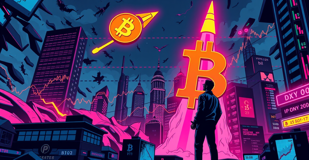 比特币符号在火箭般的上升轨迹中，背景是下跌的美国国债市场，象征比特币的只涨模式