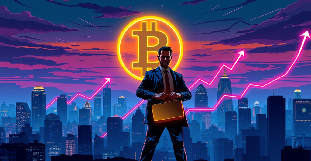 复古漫画风格插图展示比特币符号在城市天际线前闪耀，象征经济数据疲软后的上涨趋势