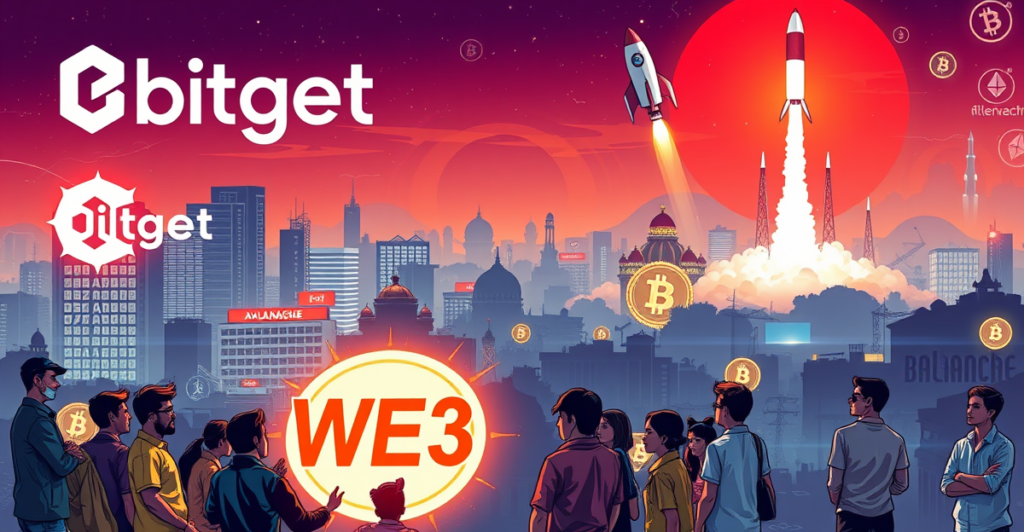 Bitget与Avalanche合作支持印度Web3社区的复古漫画风格封面，展示未来城市与开发者群体