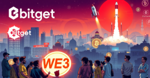 Bitget与Avalanche合作支持印度Web3社区的复古漫画风格封面，展示未来城市与开发者群体