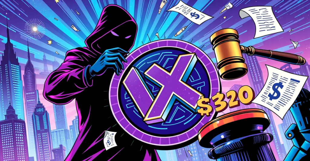 复古漫画风格插图展示阴影人物操纵巨大的VOXEL代币符号，背景为未来城市景观，象征Bitget对市场操纵的法律行动。