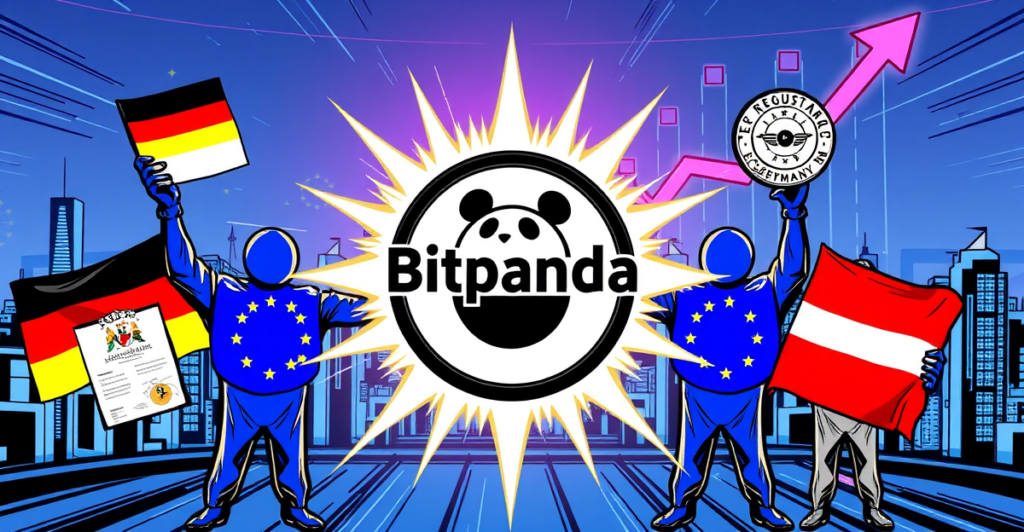 Bitpanda的MiCA牌照成就展示，欧盟旗帜和监管文件环绕其标志