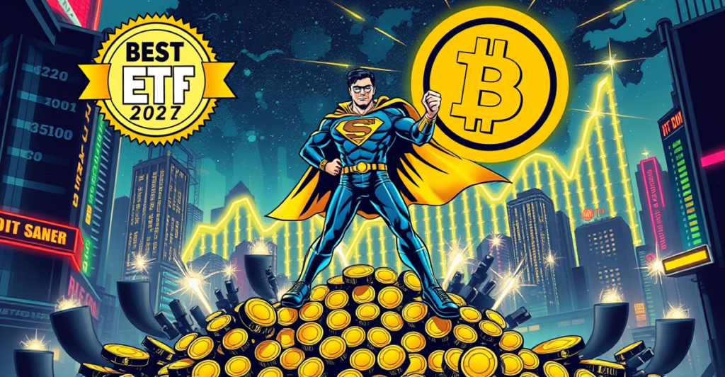 BlackRock比特币ETF以超级英雄形象站在金币堆上，背景是飙升的比特币价格图表，荣获最佳新ETF称号。