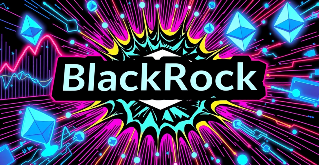 BlackRock标志与区块链技术元素融合的复古漫画风格封面，象征金融与科技的革新结合