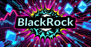 BlackRock标志与区块链技术元素融合的复古漫画风格封面，象征金融与科技的革新结合