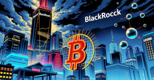 复古漫画风格封面展示BlackRock数字资产在2025年的强劲增长，背景为未来城市和霓虹灯标志