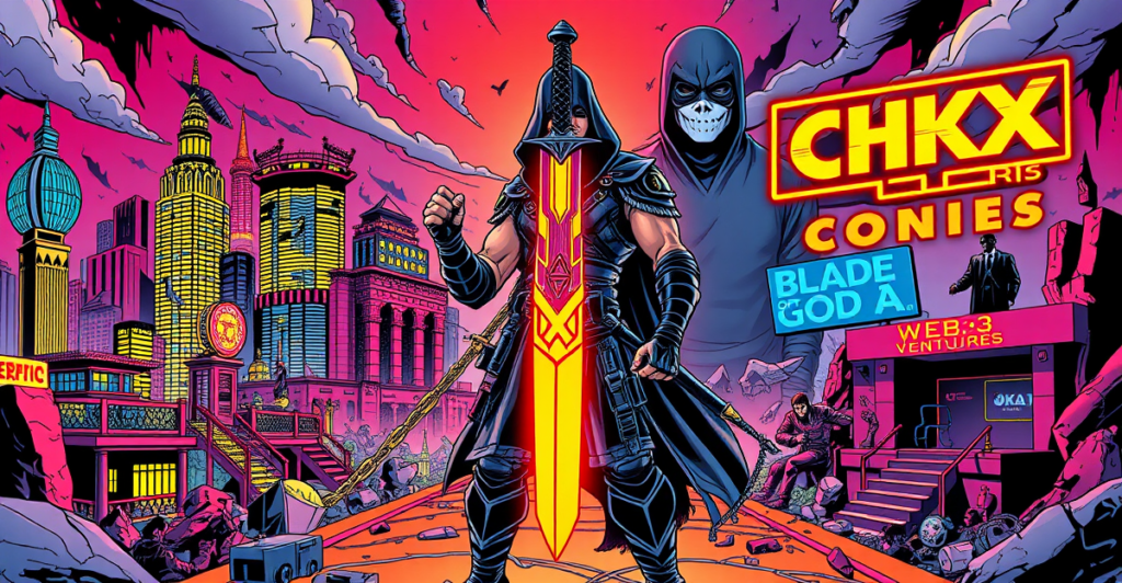 复古漫画风格封面展示《Blade of God X》战士站在区块链与传统游戏世界的十字路口，象征Web3争议