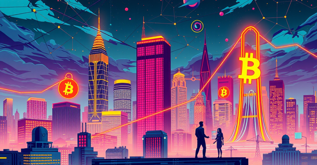 复古漫画风格插画展示区块链与AI协同工作场景，象征区块链就业增长趋势