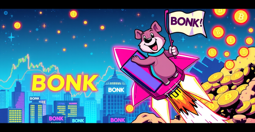 卡通狗吉祥物乘火箭上升，背景是霓虹灯城市和加密货币图表，象征BONK价格上涨