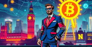 象征性的英国加密货币特使站在伦敦天际线前，背景是数字区块链网络和发光加密货币符号